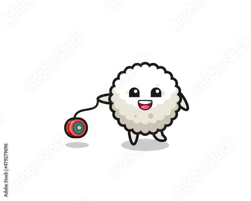 cartoon of cute rice ball playing a yoyo