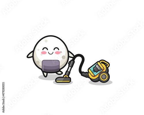cute onigiri holding vacuum cleaner illustration
