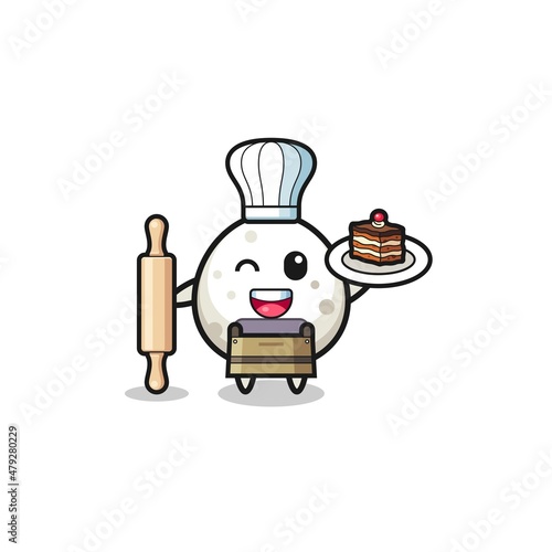 onigiri as pastry chef mascot hold rolling pin