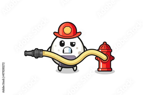 onigiri cartoon as firefighter mascot with water hose