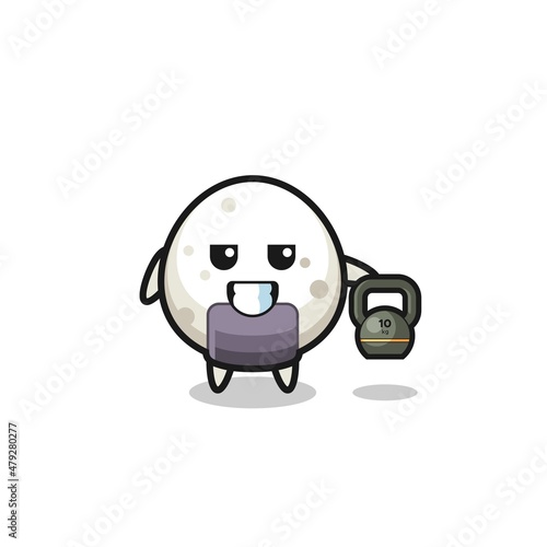 onigiri mascot lifting kettlebell in the gym