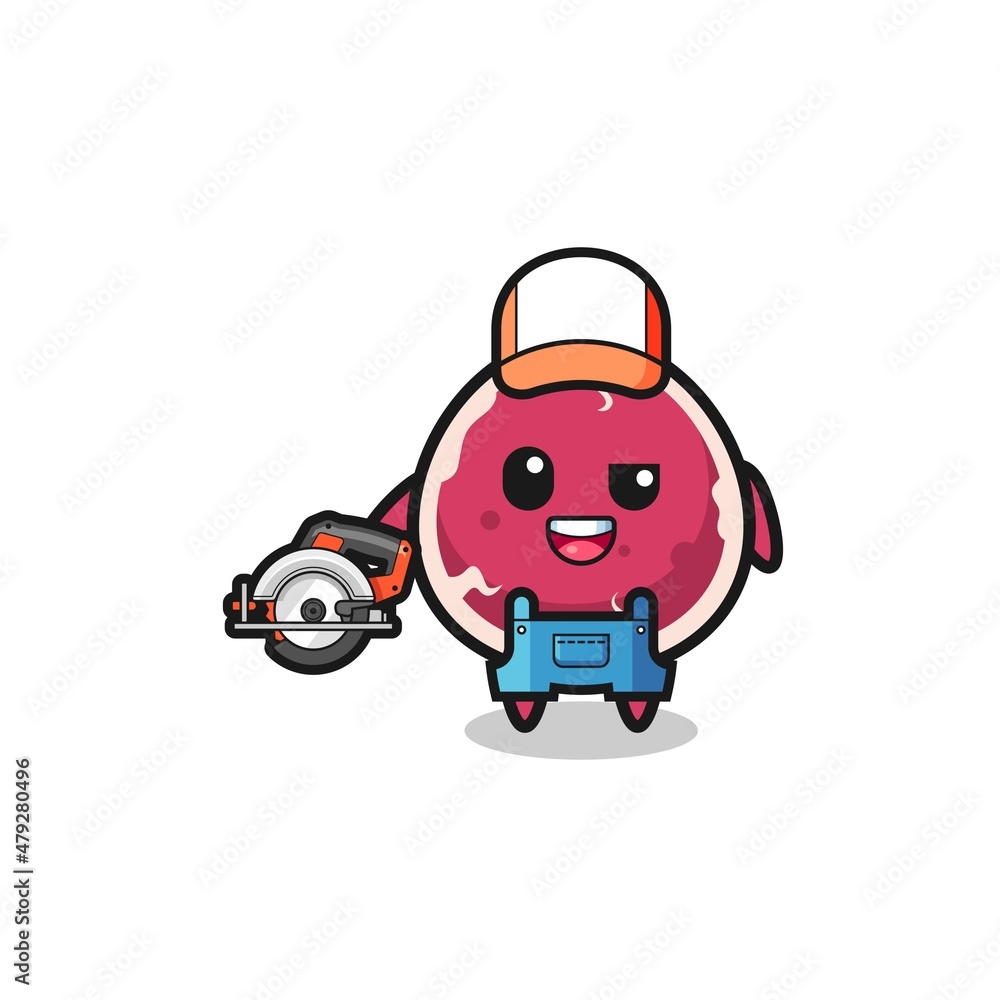 the woodworker beef mascot holding a circular saw the woodworker beef mascot holding a circular saw