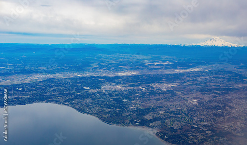 Aerial view of the downtown cityscape with Mount rainier of Seattle
