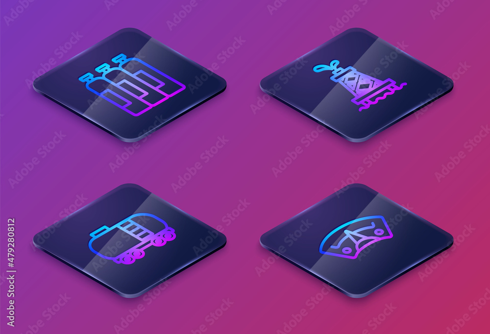 Set Isometric line Industrial gas cylinder tank, Oil railway cistern, rig and Motor gauge. Blue square button. Vector Set Isometric line Industrial gas cylinder tank, Oil railway cistern, rig and Motor gauge. Blue square button. Vector
