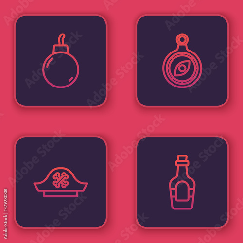 Set line Bomb ready to explode, Pirate hat, Compass and Alcohol drink Rum. Blue square button. Vector photo