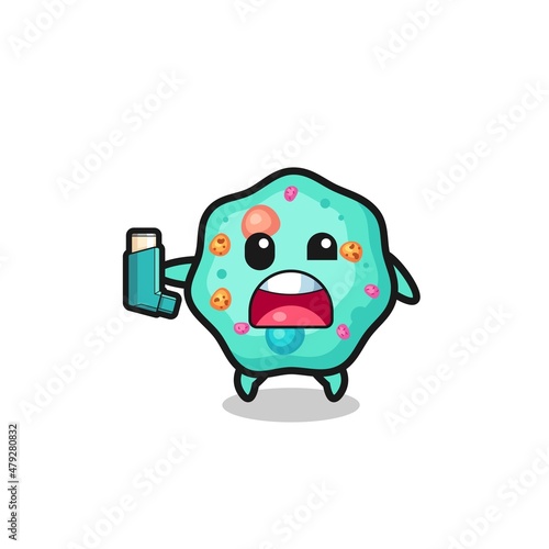 amoeba mascot having asthma while holding the inhaler