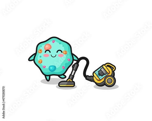 cute amoeba holding vacuum cleaner illustration
