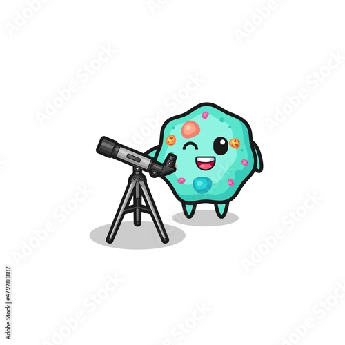 amoeba astronomer mascot with a modern telescope