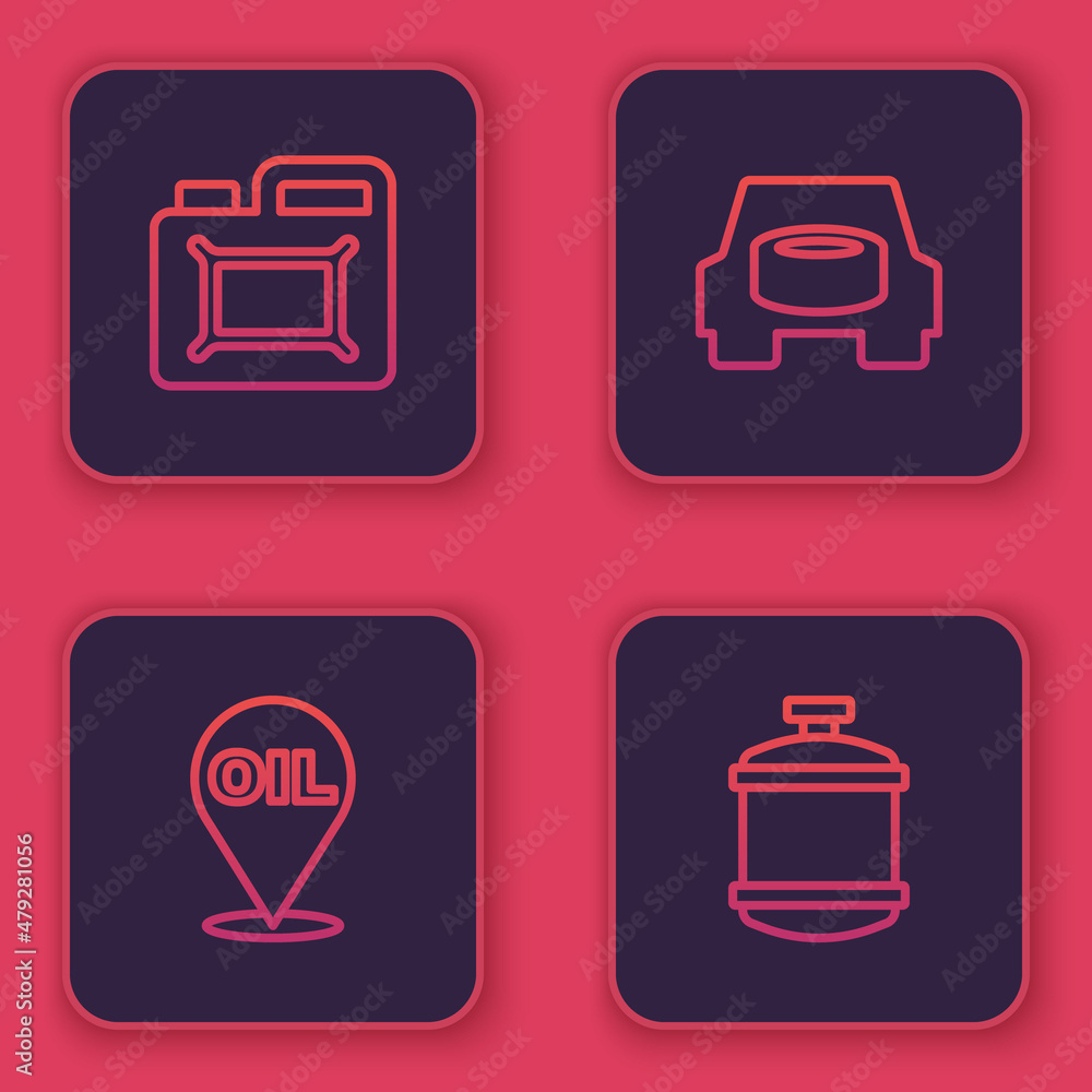 Set line Canister for motor oil, Refill petrol fuel location, Spare wheel in the car and Propane gas tank. Blue square button. Vector Set line Canister for motor oil, Refill petrol fuel location, Spare wheel in the car and Propane gas tank. Blue square button. Vector
