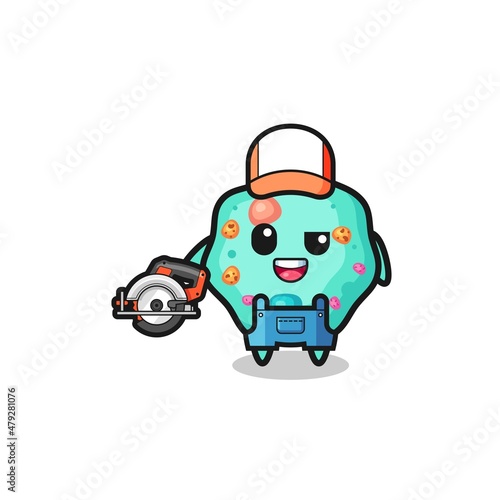 the woodworker amoeba mascot holding a circular saw