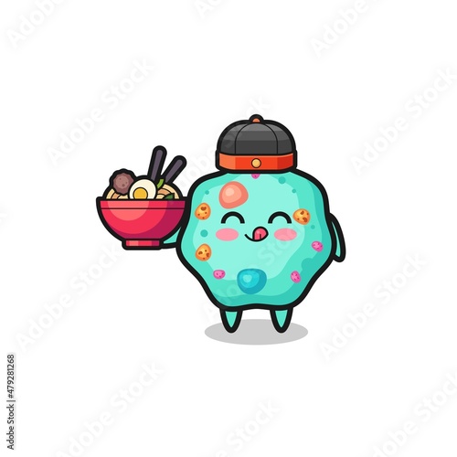 amoeba as Chinese chef mascot holding a noodle bowl