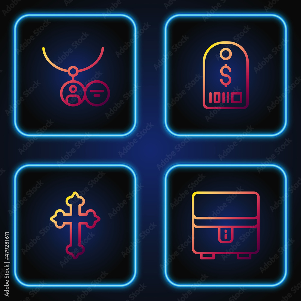 Set line Jewelry box, Christian cross, Locket on necklace and Price tag with dollar. Gradient color icons. Vector Set line Jewelry box, Christian cross, Locket on necklace and Price tag with dollar. Gradient color icons. Vector