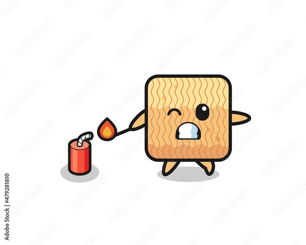 raw instant noodle mascot illustration playing firecracker