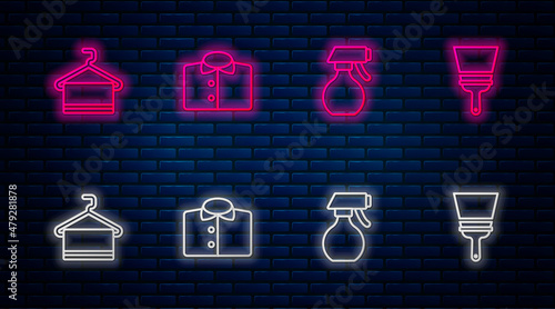 Set line T-shirt, Water spray bottle, Towel on hanger and Rubber cleaner for windows. Glowing neon icon on brick wall. Vector