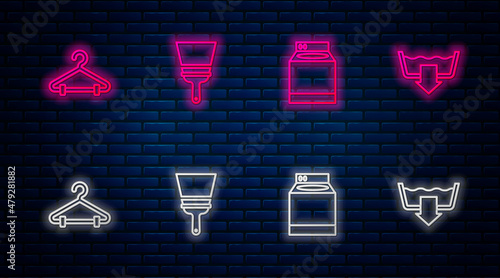 Set line Rubber cleaner for windows, Washer, Hanger wardrobe and Washing modes. Glowing neon icon on brick wall. Vector