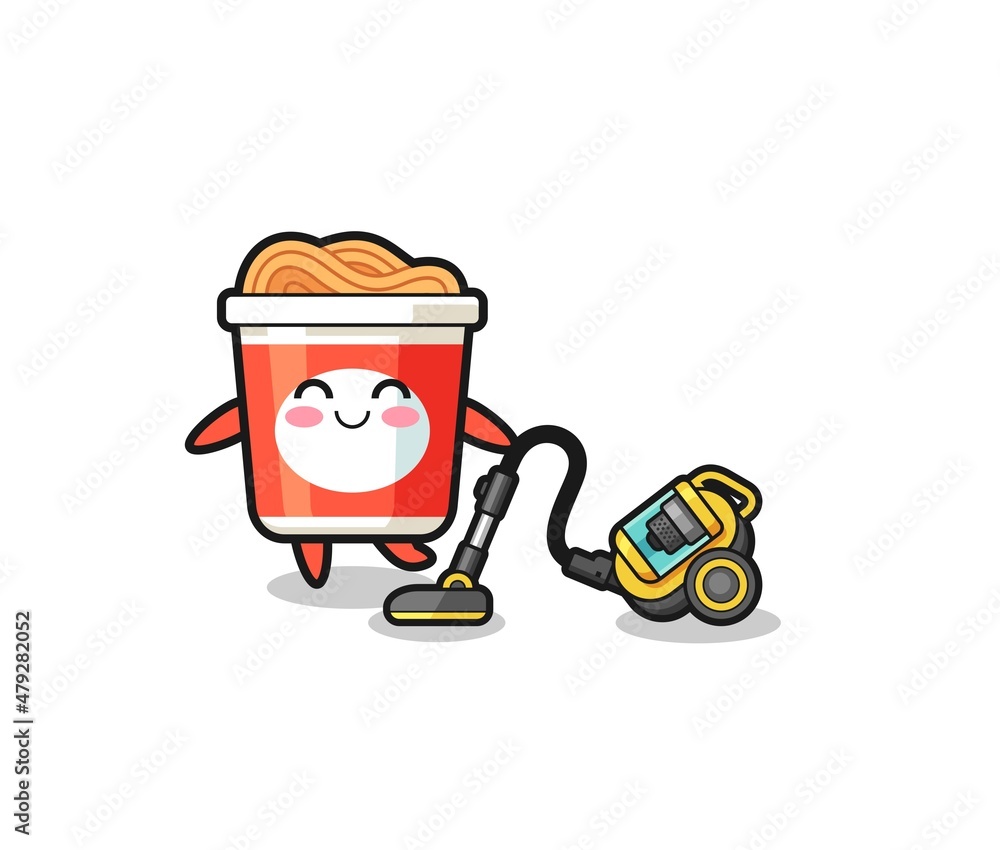 cute instant noodle holding vacuum cleaner illustration