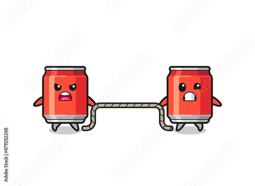 cute drink can character is playing tug of war game