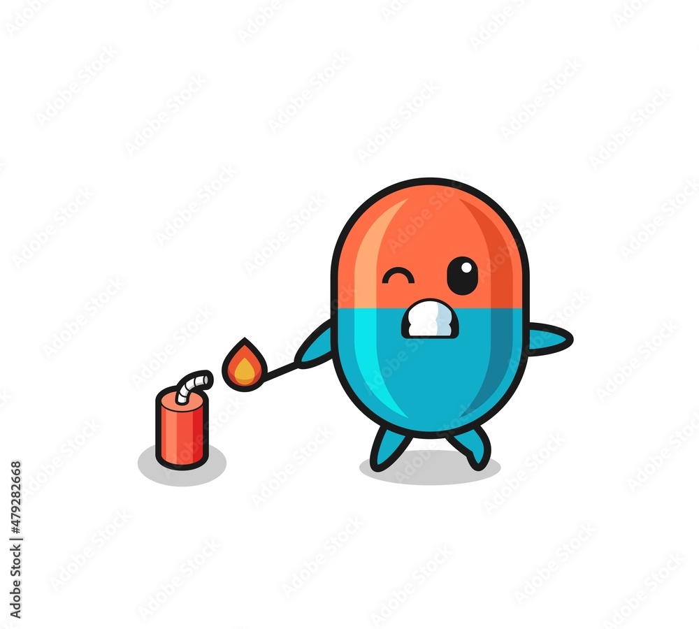 capsule mascot illustration playing firecracker
