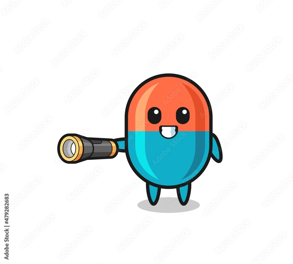 capsule mascot holding flashlight