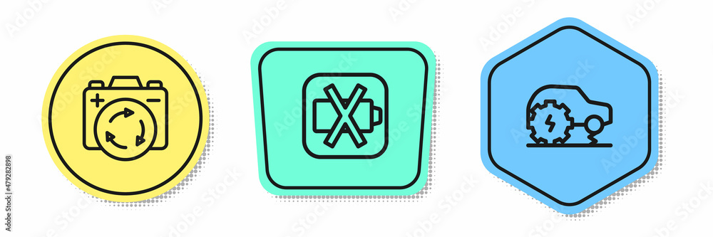 Set line Battery with recycle symbol, Low battery and Electric car service. Colored shapes. Vector Set line Battery with recycle symbol, Low battery and Electric car service. Colored shapes. Vector