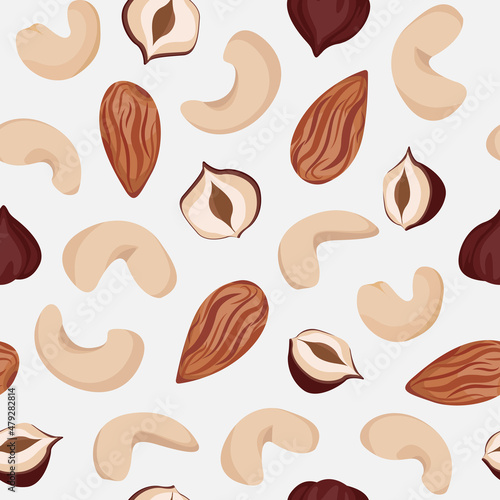 Vector seamless pattern cashew nuts, almonds, hazelnuts isolated on white background.
