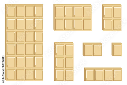 Set of white chocolate bars and pieces isolated on white background. Vector cartoon illustration. 
