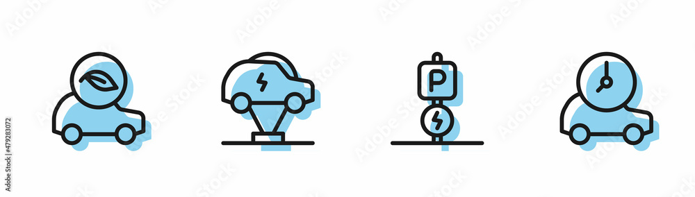 Set line Charging parking electric car, Eco, Electric and icon. Vector Set line Charging parking electric car, Eco, Electric and icon. Vector