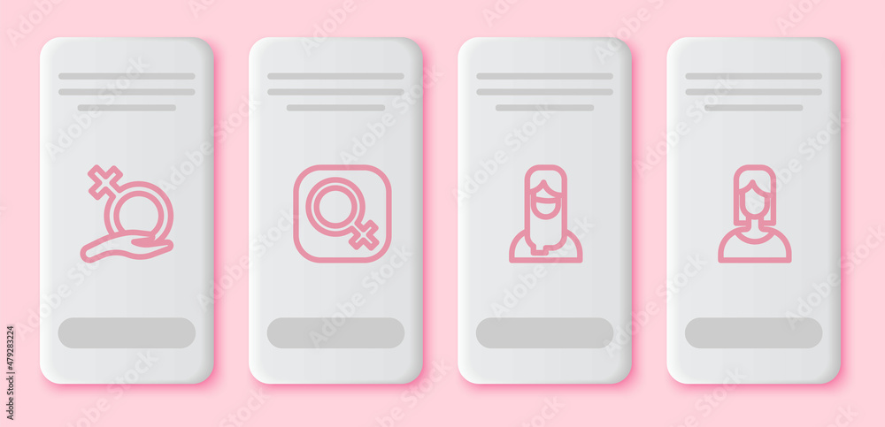 Set line Female gender, Muslim woman in hijab and . White rectangle button. Vector