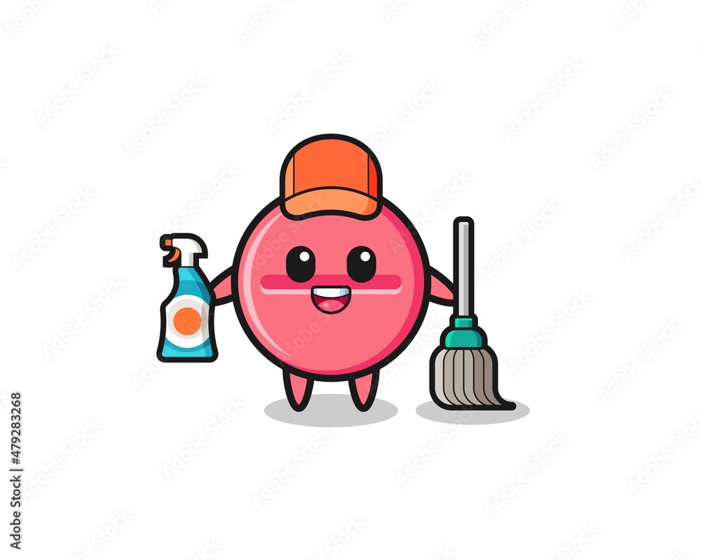 cute medicine tablet character as cleaning services mascot