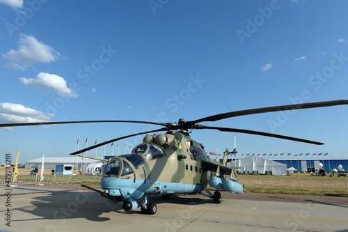 The Mi-35 M multi-purpose attack helicopter at the MAKS-2021 International Aviation and Space Salon in Zhukovsky, Russia