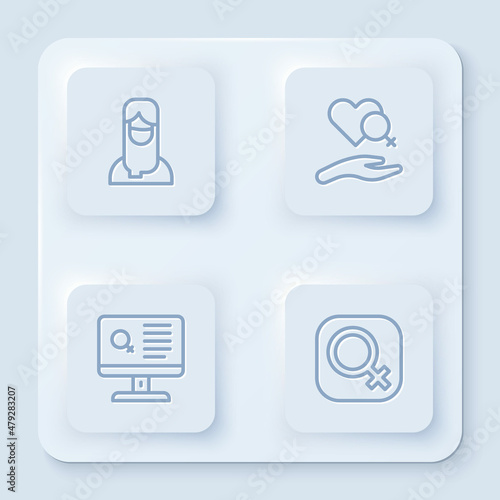 Set line Muslim woman in hijab, Heart with female gender, Dating app and Female. White square button. Vector © Oksana
