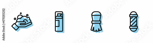Set line Shaving brush, foam on hand, gel and Classic Barber shop pole icon. Vector