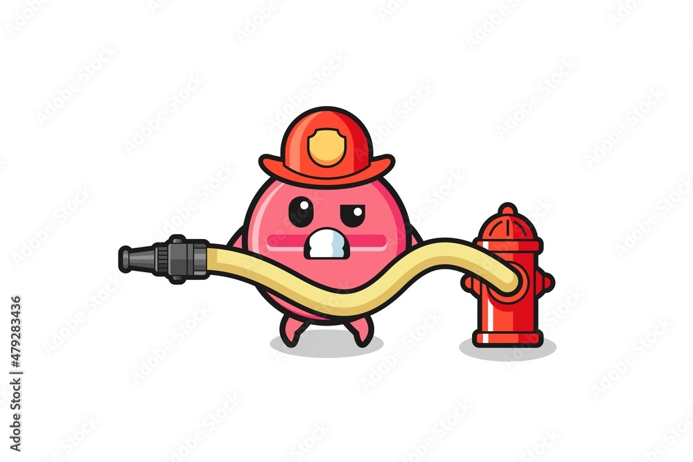 medicine tablet cartoon as firefighter mascot with water hose