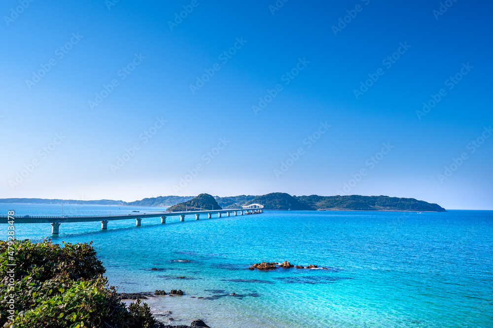 Tsunoshima Ohashi Bridge over the emerald green sea