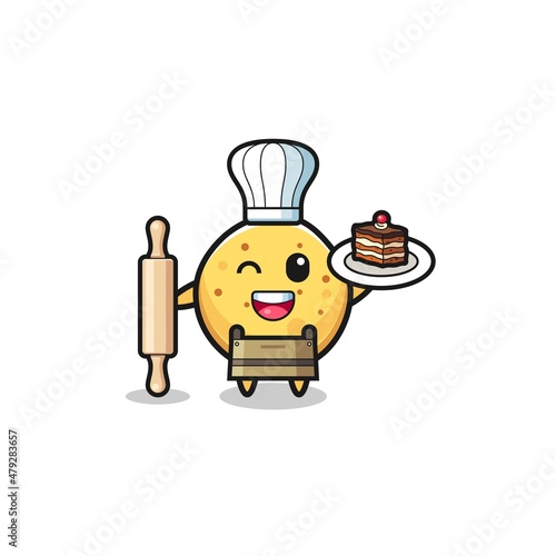 potato chip as pastry chef mascot hold rolling pin