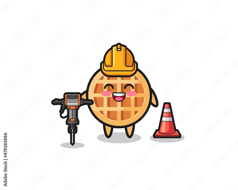 Naklejka premium road worker mascot of circle waffle holding drill machine