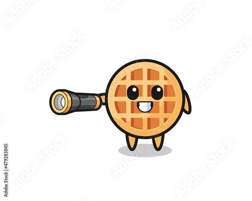 circle waffle mascot holding flashlight