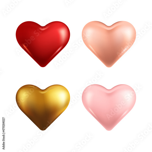 Collection of shiny 3d hearts with shadow isolated on white background