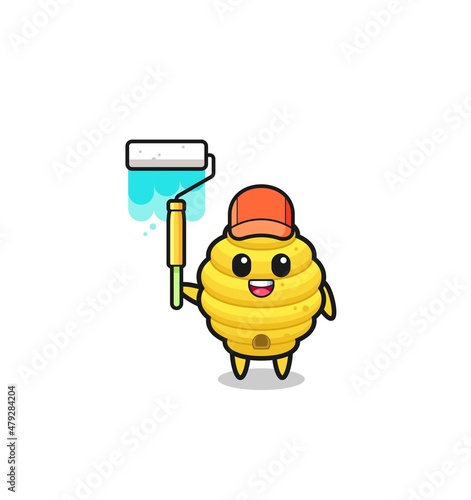 the bee hive painter mascot with a paint roller