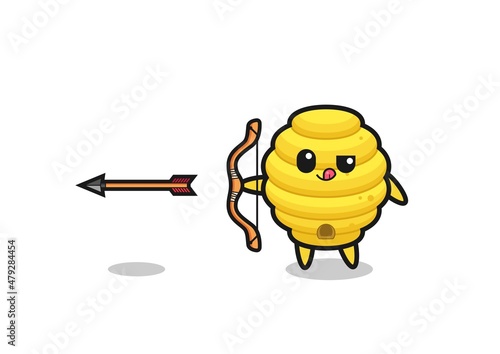 illustration of bee hive character doing archery
