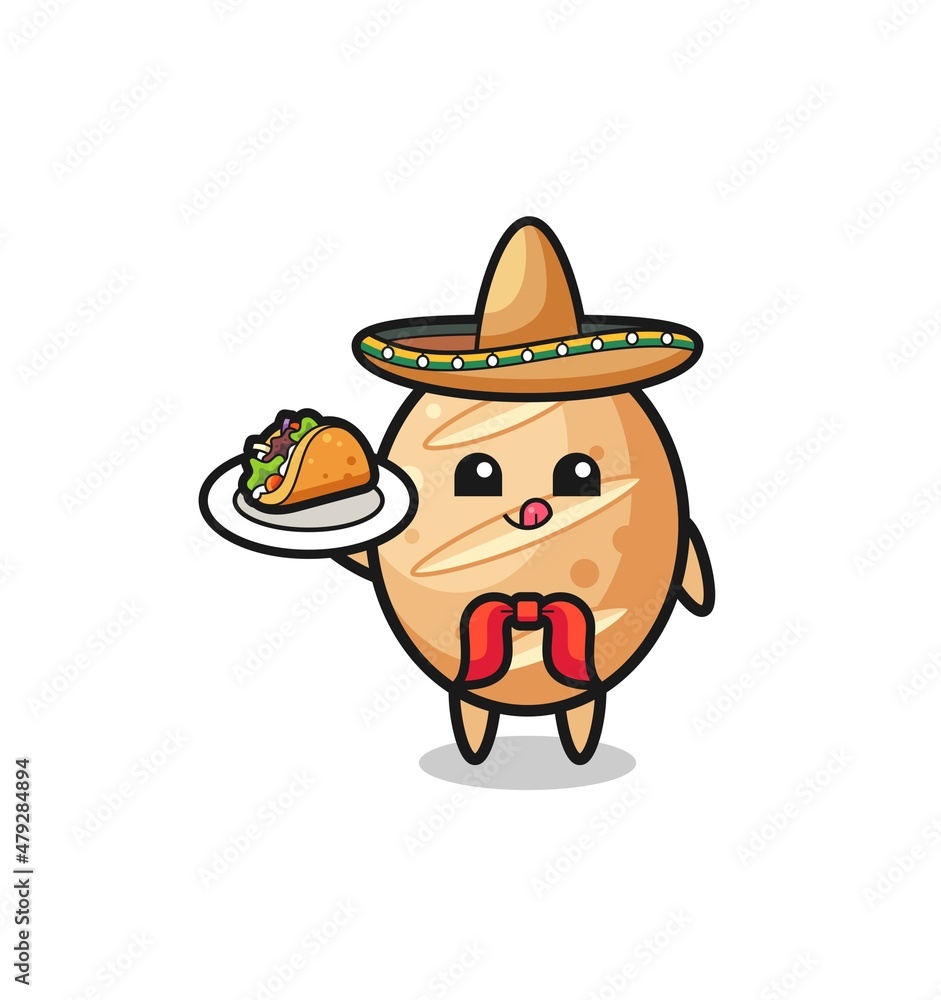 french bread Mexican chef mascot holding a taco