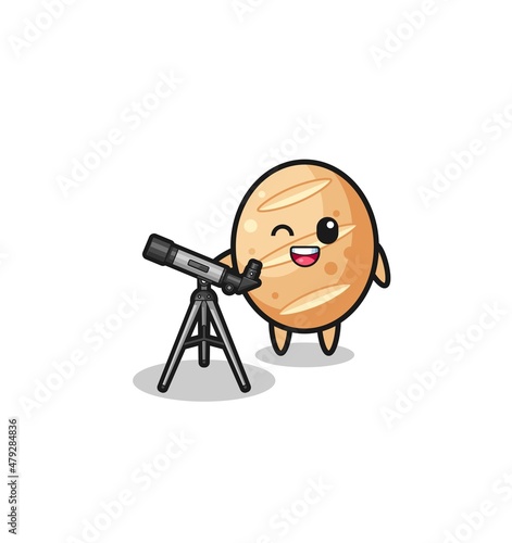 french bread astronomer mascot with a modern telescope