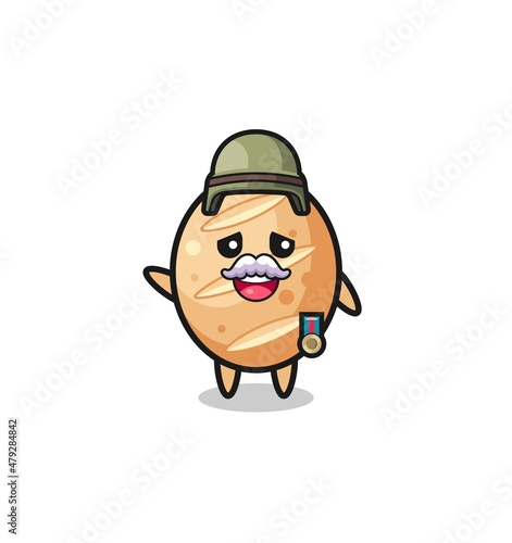cute french bread as veteran cartoon