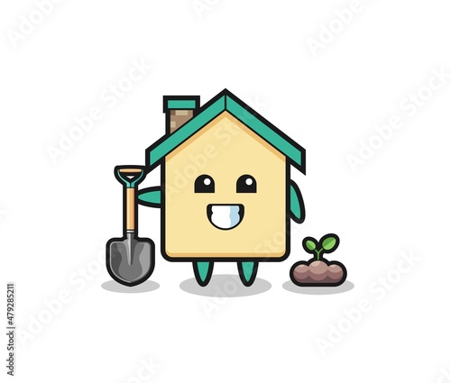 cute house cartoon is planting a tree seed