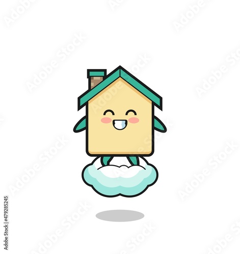 cute house illustration riding a floating cloud