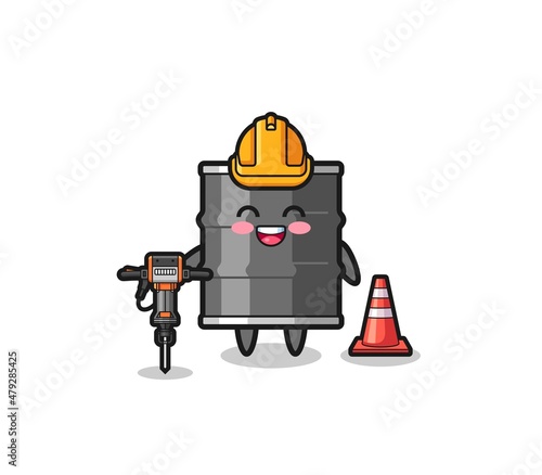 road worker mascot of oil drum holding drill machine