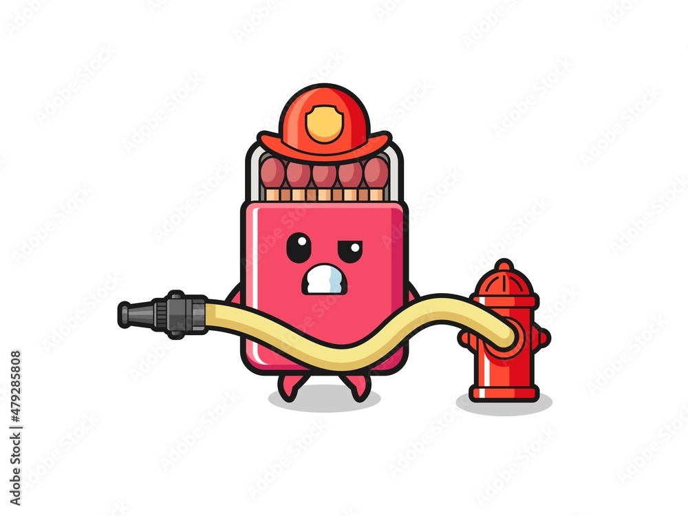 matches box cartoon as firefighter mascot with water hose matches box cartoon as firefighter mascot with water hose