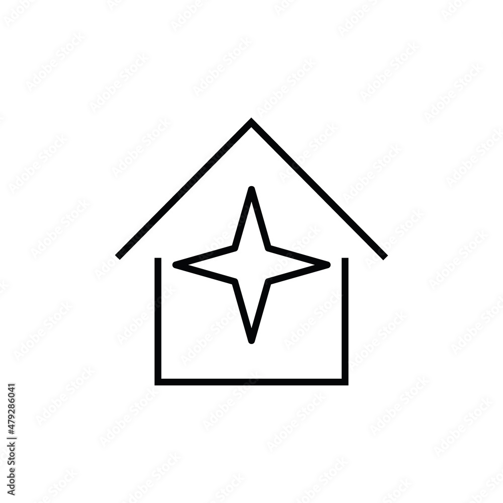Building as establishment or facility. Outline monochrome sign in flat style. Suitable for stores, advertisements, articles, books etc. Line icon of star inside of house