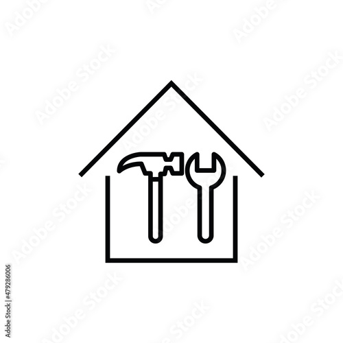 Building as establishment or facility. Outline monochrome sign in flat style. Suitable for stores, advertisements, articles, books etc. Line icon of wrench and hammer