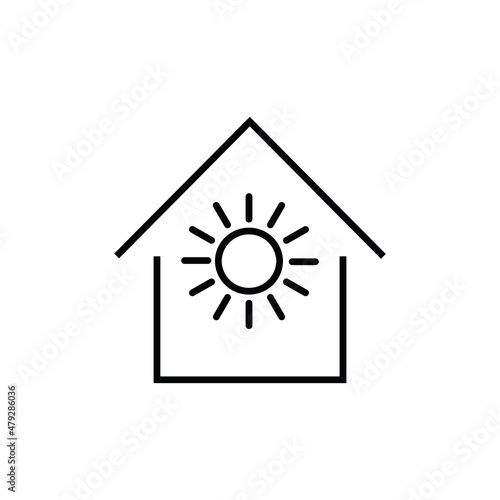 Building as establishment or facility. Outline monochrome sign in flat style. Suitable for stores, advertisements, articles, books etc. Line icon of sun with beams inside of a house